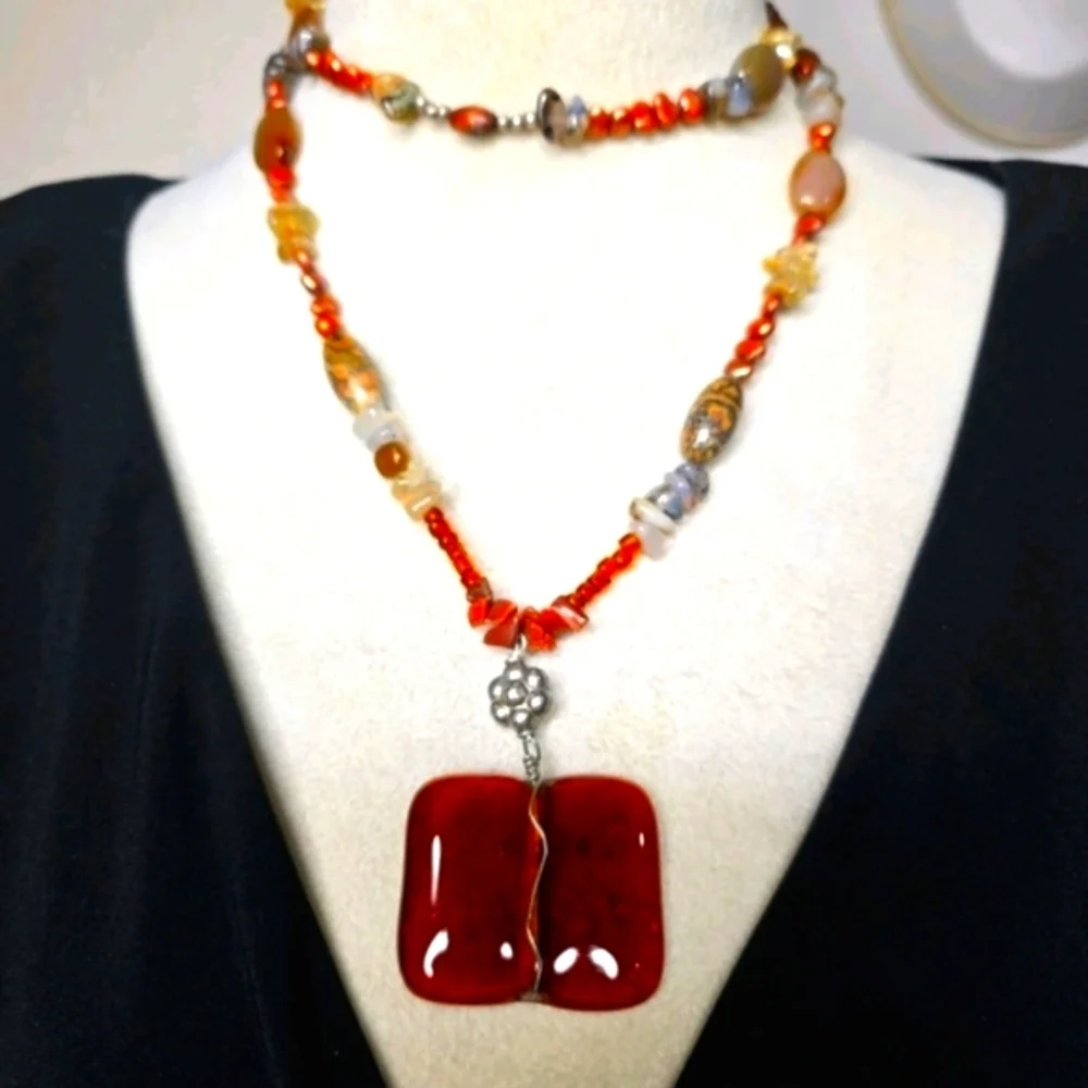 Triska Signed Artisan Beaded Necklace Bold Crimson Glass Focal & Earthy Gemstone - Picture 1 of 7